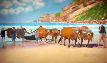 ビーチでボートを引く雄牛 Oil Paintings